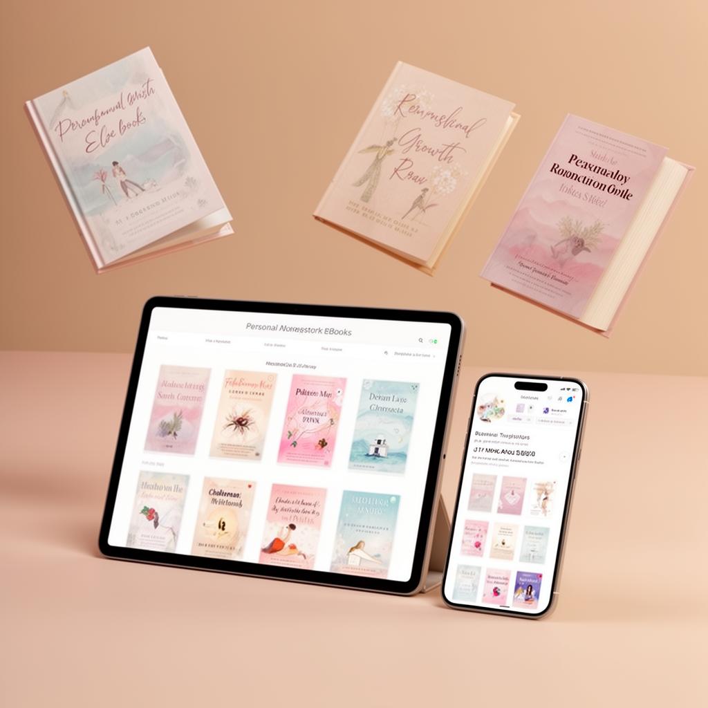 Colección de ebooks de crecimiento personal en tablet y celular